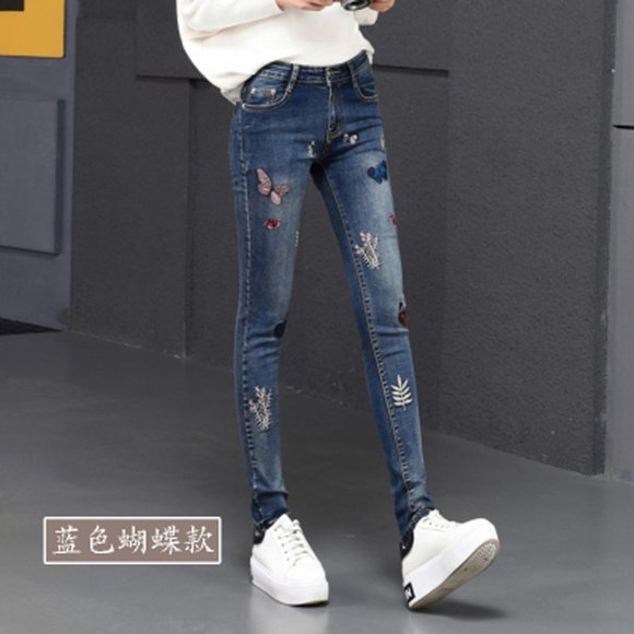 Flower Embroidered Jeans For Women Plus Size Skinn - Picture 4 of 4